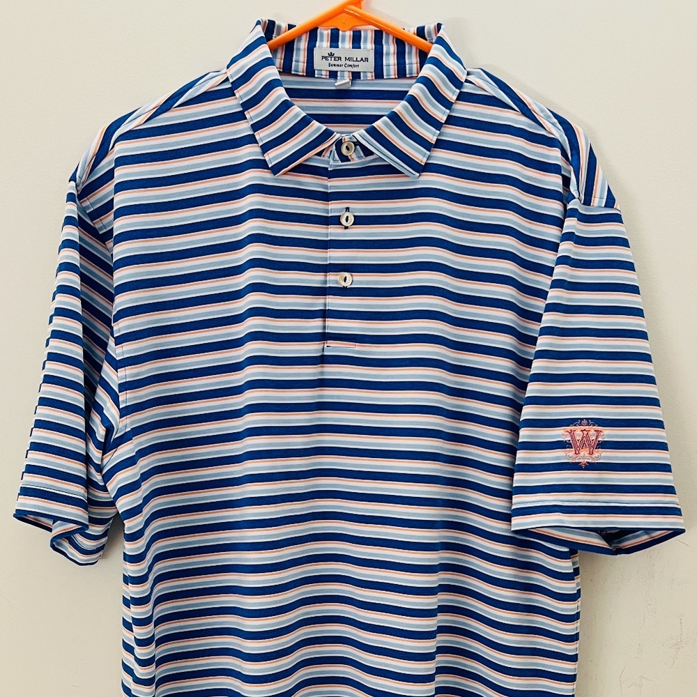 Peter Millar Crown Sport Men's Summer Comfort Polo Size L Orange/Blue stripe